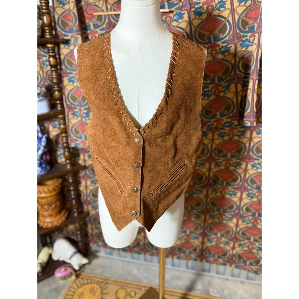 Vintage Mona Mode Suede‎ Leather Vest Western Fringe Boho Festival Button Up